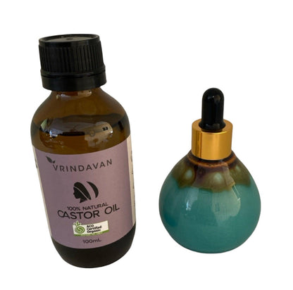 Castor Oil Organic Vrindavan Pottery Dropper Bottle Gift Pack - The Renmy Store Homewares & Gifts 