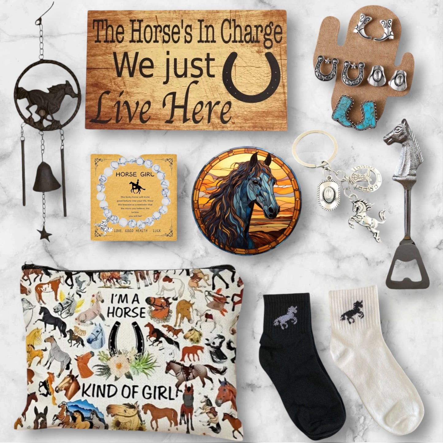 Horse Lover Bag Socks Cast Iron Bell Earrings Bracelet Sign Gift Set