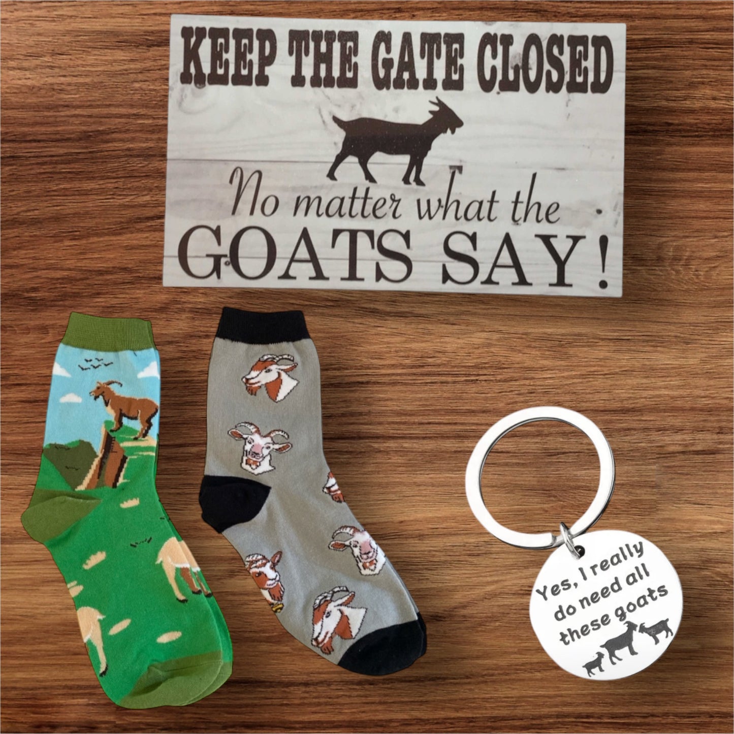 Goat Lover Socks Keyring and Warning Goat Sign Gift Set