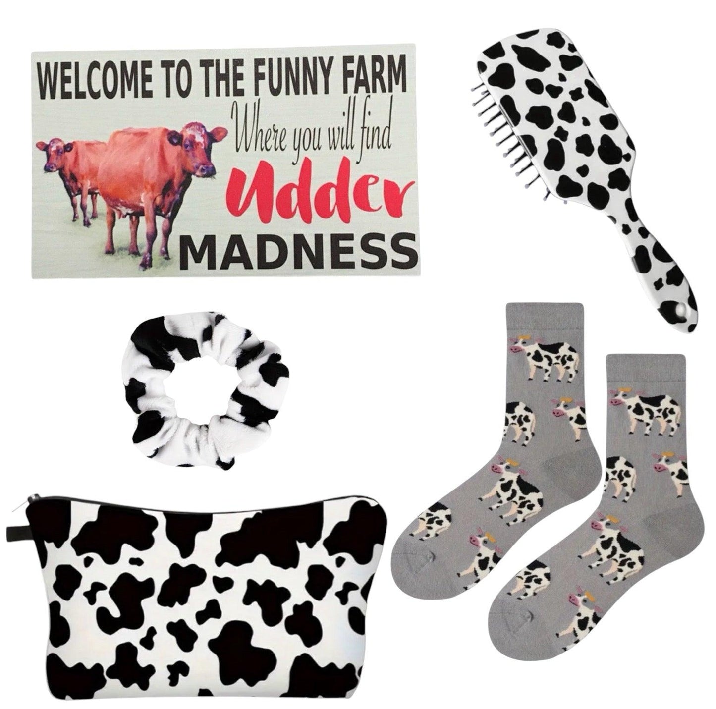 Cow Lover Bag Socks Hair Brush Scrunchie Sign Gift Set - The Renmy Store Homewares & Gifts 