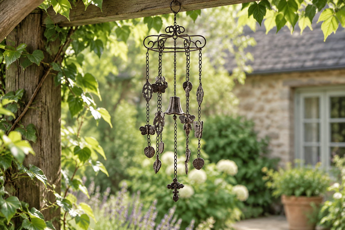 65cm leaf-and-butterfly wind chime in a garden