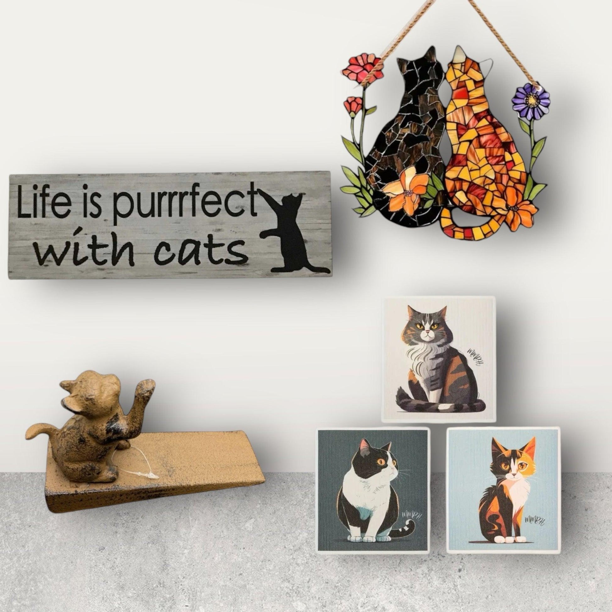 Cat Dish Cloths Door Stop Suncatcher Life Is Perfect Cats Sign Gift Set - The Renmy Store Homewares & Gifts 