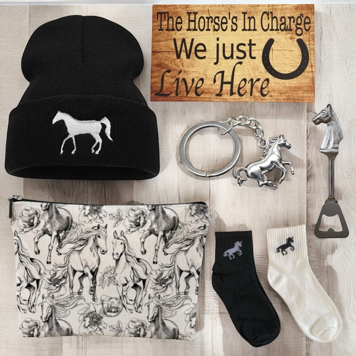 Horse Lover Bag Socks Cast Iron Bell Beanie Bottle Opener Sign Gift Set