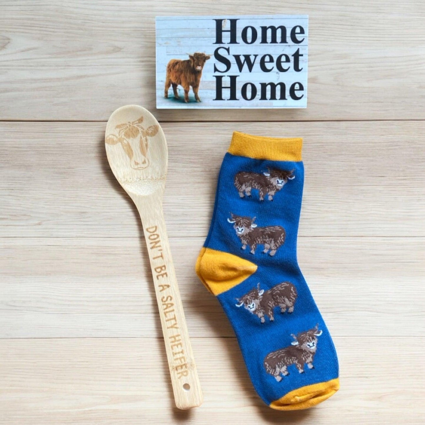 Cow Heifer Wood Utensil Socks Home Sign Gift Set - The Renmy Store Homewares & Gifts 