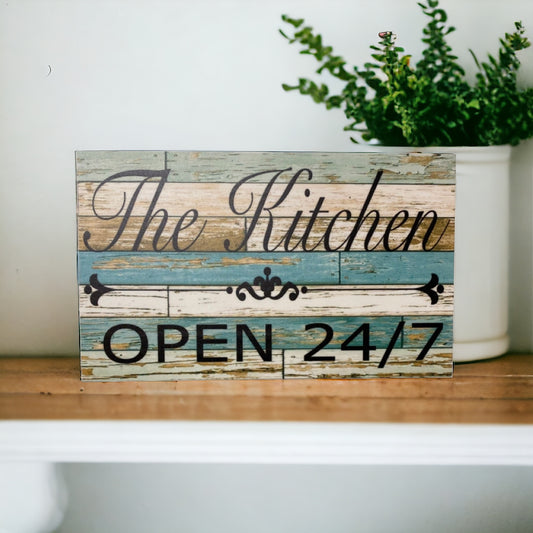 The Kitchen Open 24/7 Vintage Rustic Blue Sign - The Renmy Store Homewares & Gifts 