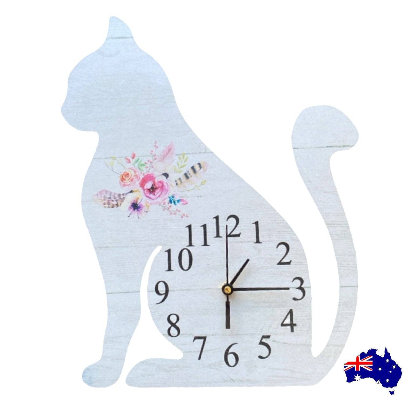 Clock Wall Cat Kitty Floral Feather Aussie Made - The Renmy Store Homewares & Gifts 