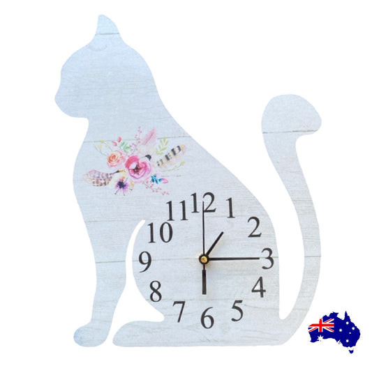 Clock Wall Cat Kitty Floral Feather Aussie Made