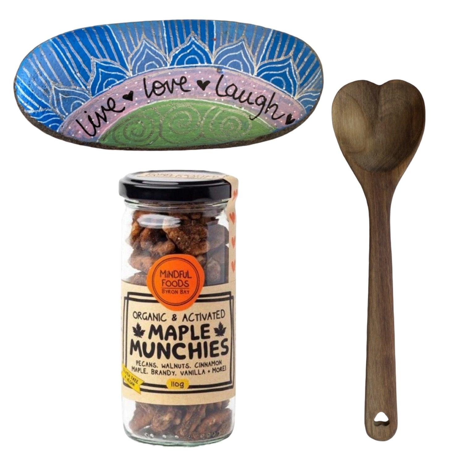 Byron Bay Maple Nuts Heart Wooden Spoon Live Love Laugh Rock Gift Pack - The Renmy Store Homewares & Gifts 