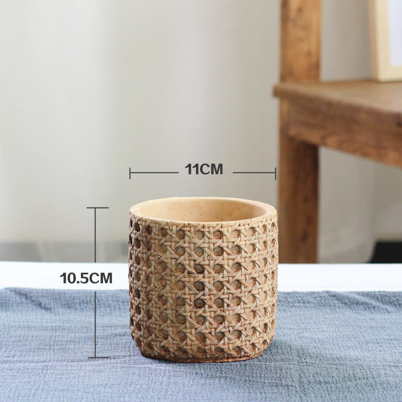 Wicker Style Planter Pot - Cement Mediterranean Garden