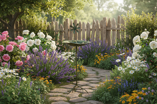 Bird Feeder Bath Country Floral Metal Stand 93cm