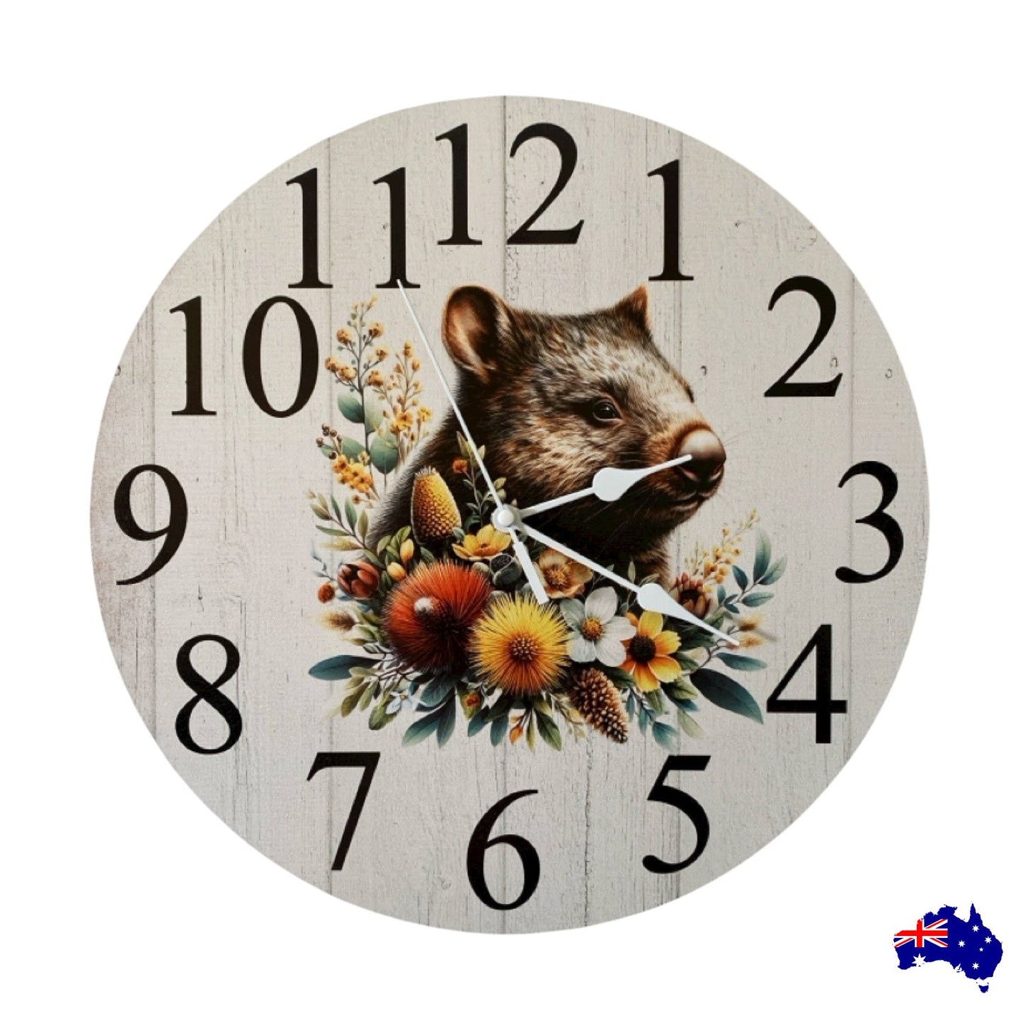 Clock Wall Wombat Floral 30cm 60cm Aussie Made