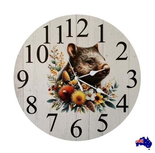 Clock Wall Wombat Floral 30cm 60cm Aussie Made