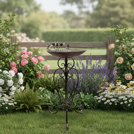 Bird Feeder Bath Country Metal Birdie Leaf Stand