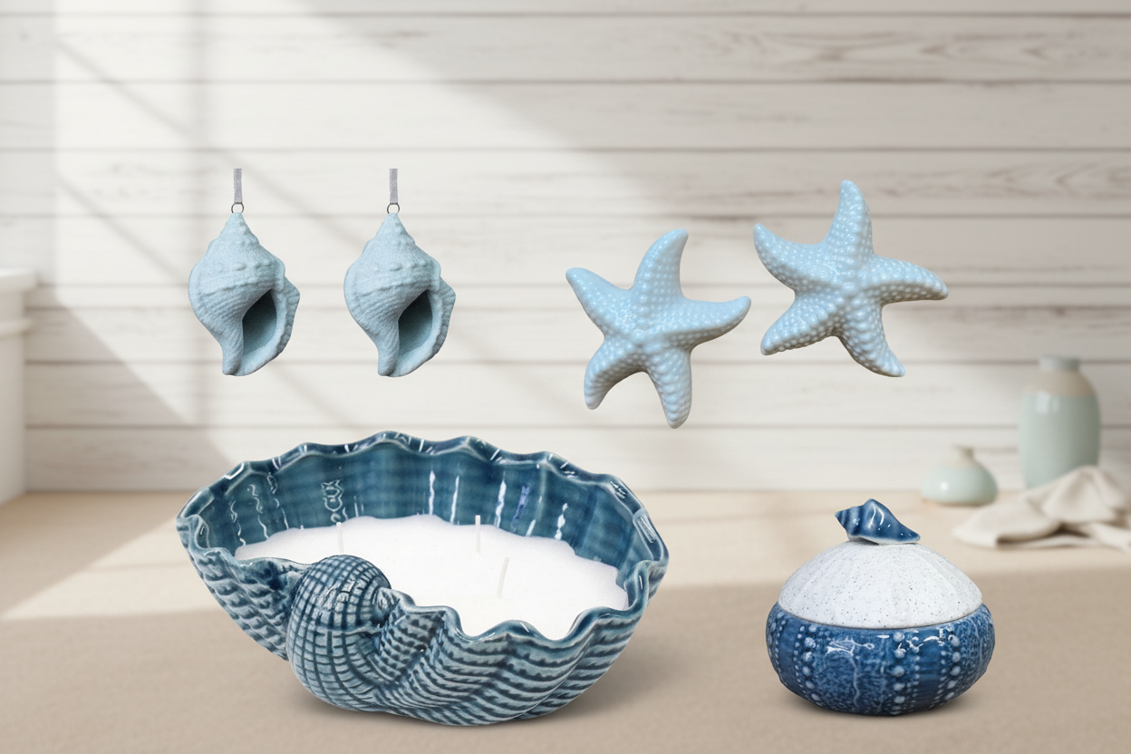 Coastal Gift Set | Shell Candle, Blue Trinket Dish, Starfish & Hanging Shells | Beach House Hamper