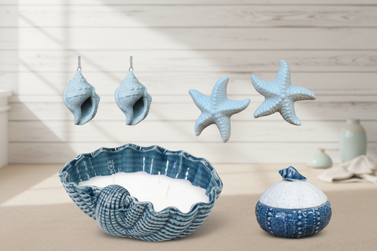 Coastal Gift Set | Shell Candle, Blue Trinket Dish, Starfish & Hanging Shells | Beach House Hamper