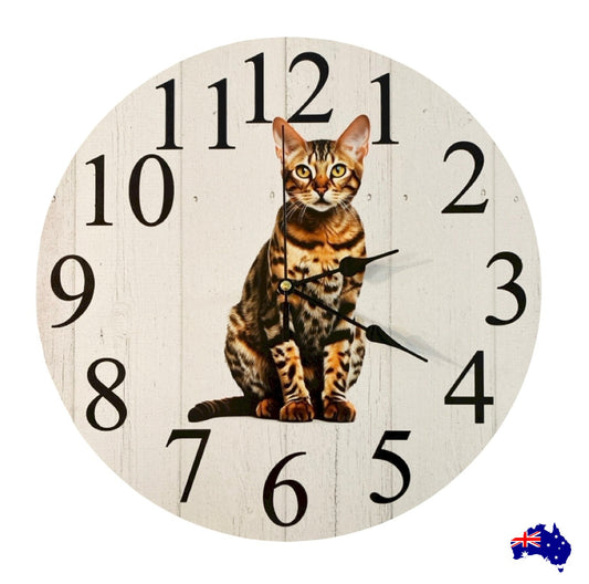 Clock Wall Bengal Cat 30cm 60cm Aussie Made