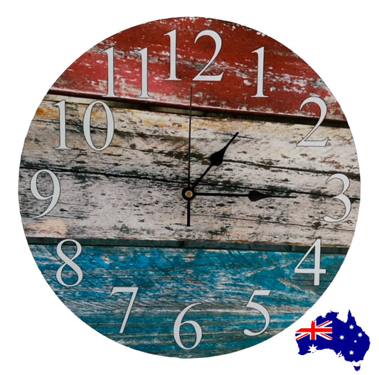 Clock Wall Rustic Red White Blue Timber Aussie Made