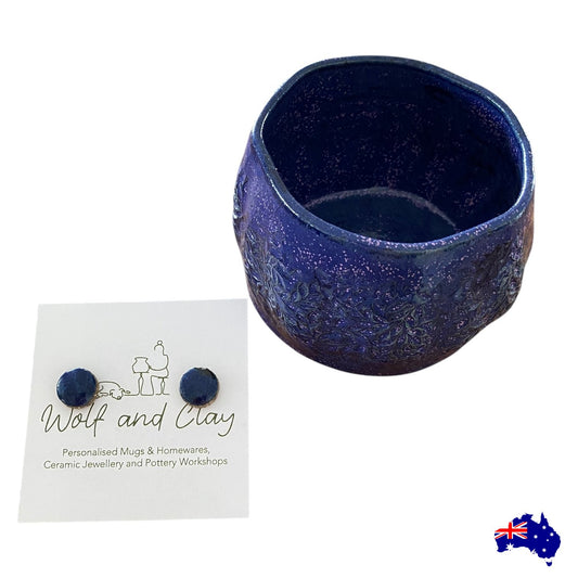 Mug Cup with Earrings Blue Pottery Ceramic Aussie Made