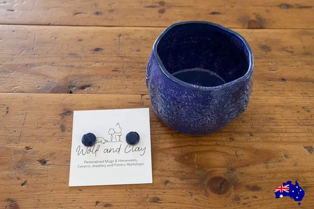 Handmade Blue Ceramic Mug Cup & Earrings Gift Set | Aussie Made Wolf and Clay