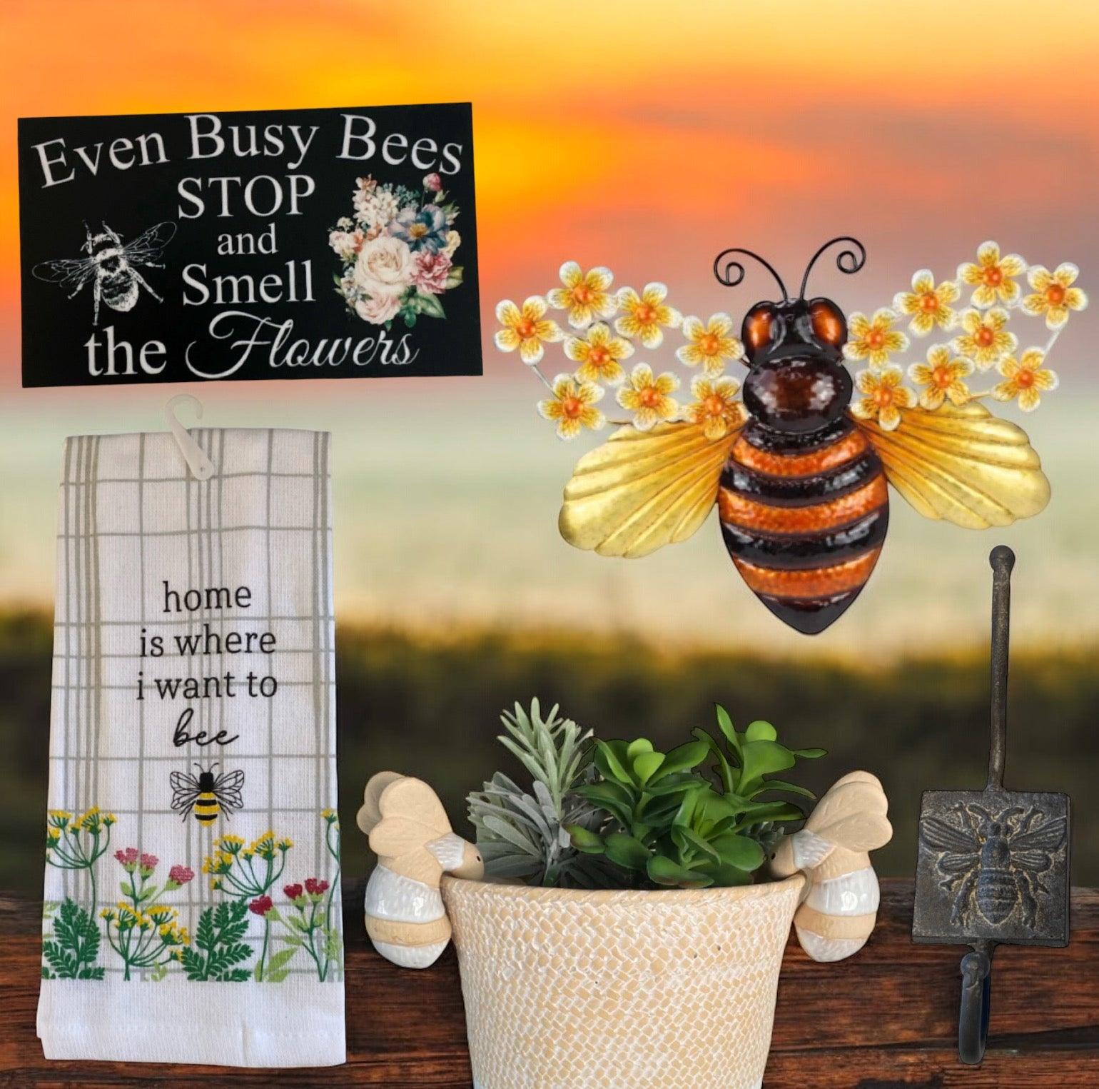 Bee Wall Art Tea Towel Pot Sitter Hook Sign Gift Set - The Renmy Store Homewares & Gifts 