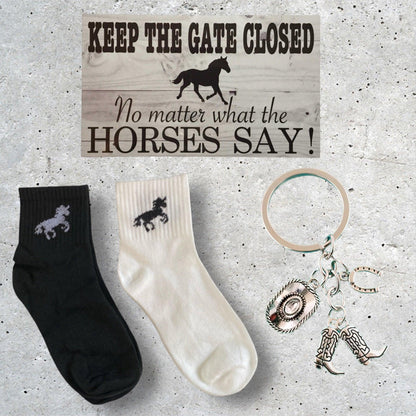 Horse Lover Socks Keychain Keep Gate Closed Sign Gift Set - The Renmy Store Homewares & Gifts 