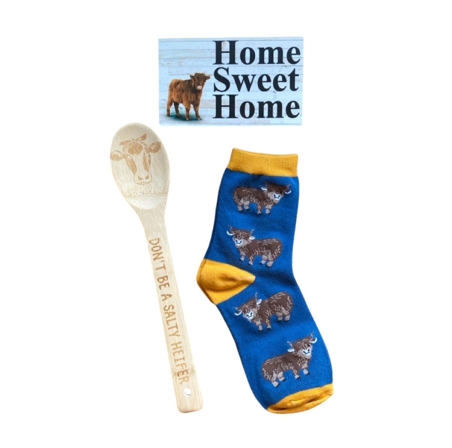 Cow Heifer Wood Utensil Socks Home Sign Gift Set - The Renmy Store Homewares & Gifts 