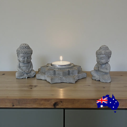 Buddha Set with Mandala Candle Holder Aussie Handmade Concrete
