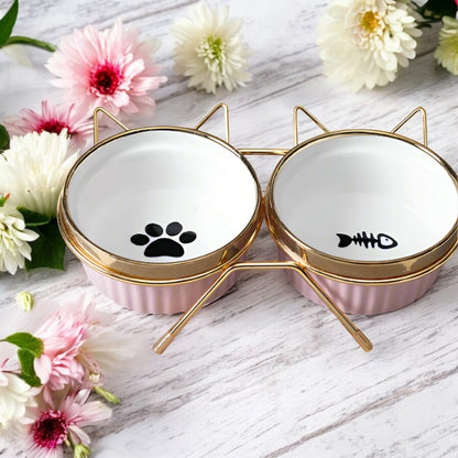 Cat Bowl with Stand Shabby Chic Gold Pink