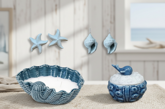 Coastal Gift Set | Shell Candle, Whale Trinket Dish & Starfish | Beach House Hamper