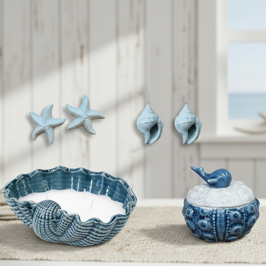 Coastal Gift Set | Shell Candle, Whale Trinket Dish & Starfish | Beach House Hamper