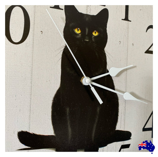 Clock Wall Black Cat 30cm 60cm Aussie Made