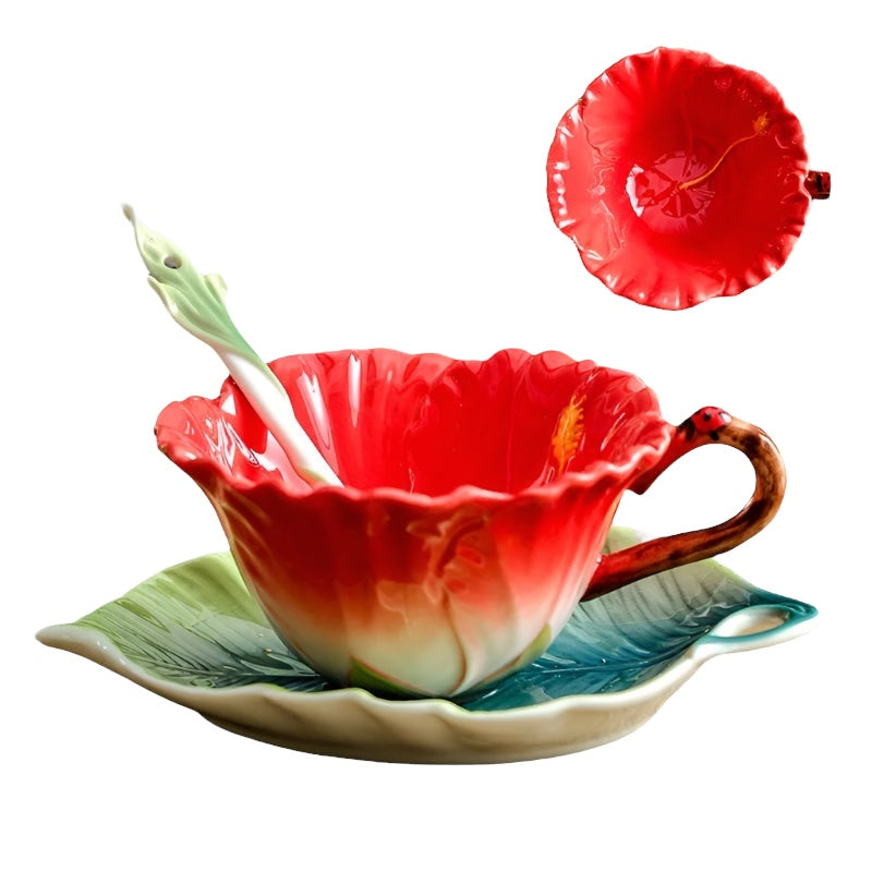 Flower Hibiscus Cup Leaf Saucer Spoon