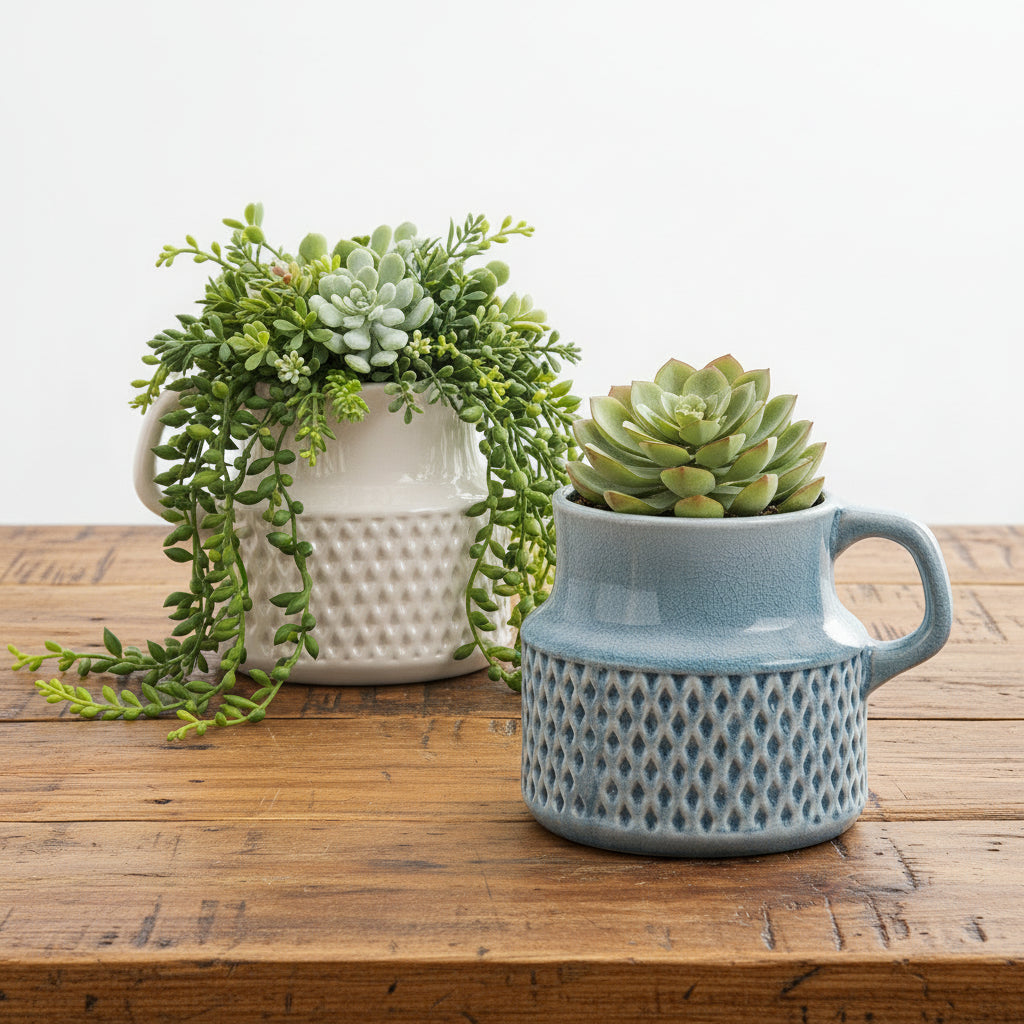 Ceramic Jug Planter Pot Vase - Blue White with Handle