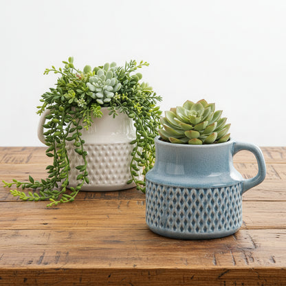 Ceramic Jug Planter Pot Vase - Blue White with Handle
