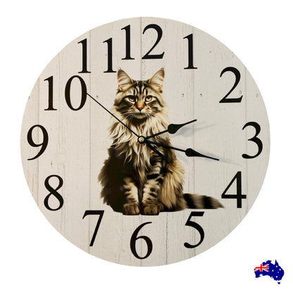 Clock Wall Cat Maine Coon 30cm 60cm Aussie Made