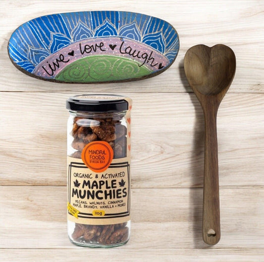 Byron Bay Maple Nuts Heart Wooden Spoon Live Love Laugh Rock Gift Pack - The Renmy Store Homewares & Gifts 