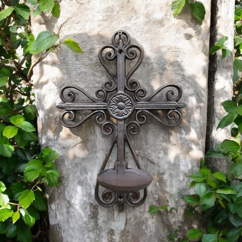 Candle Wall Holder Cross Rustic Cast Iron