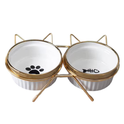 Cat Bowl with Stand Gold White