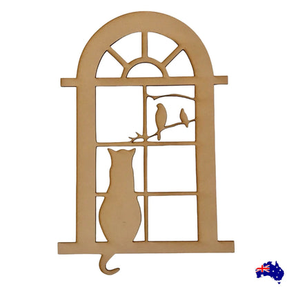 Window with Birds & Cat MDF Shape DIY Raw Cut Out Art Craft Decor - The Renmy Store Homewares & Gifts 