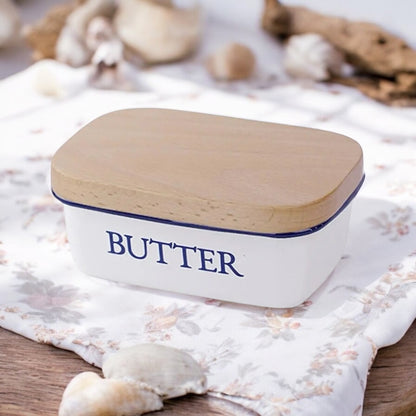 Butter Dish Enamel Wooden Lid Vintage