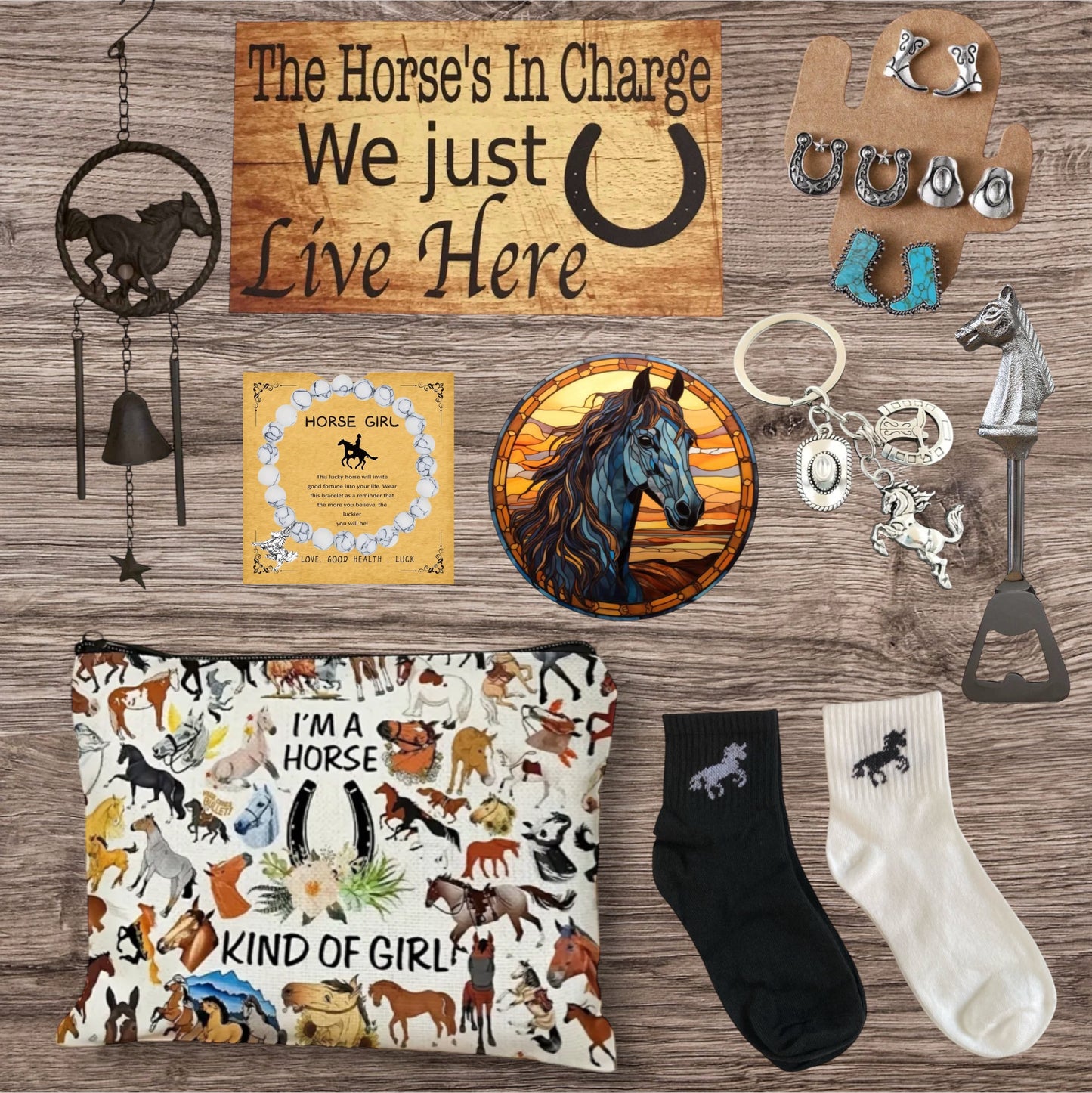 Horse Lover Bag Socks Cast Iron Bell Earrings Bracelet Sign Gift Set