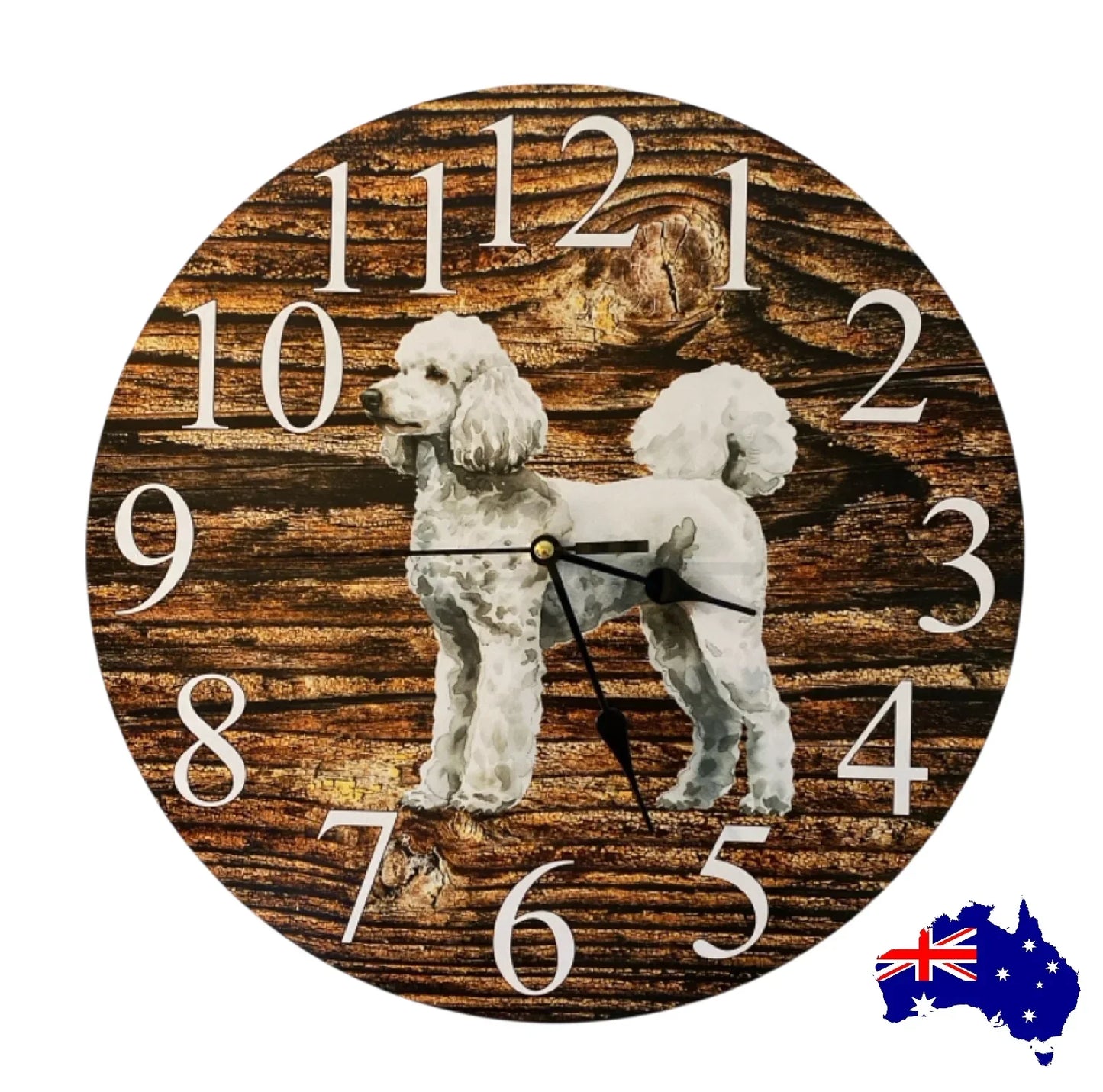 Clock Wall Dog Poodle White Grey 30cm 60cm Aussie Made