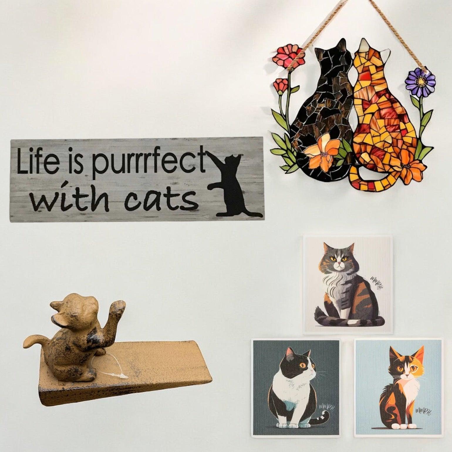 Cat Dish Cloths Door Stop Suncatcher Life Is Perfect Cats Sign Gift Set - The Renmy Store Homewares & Gifts 