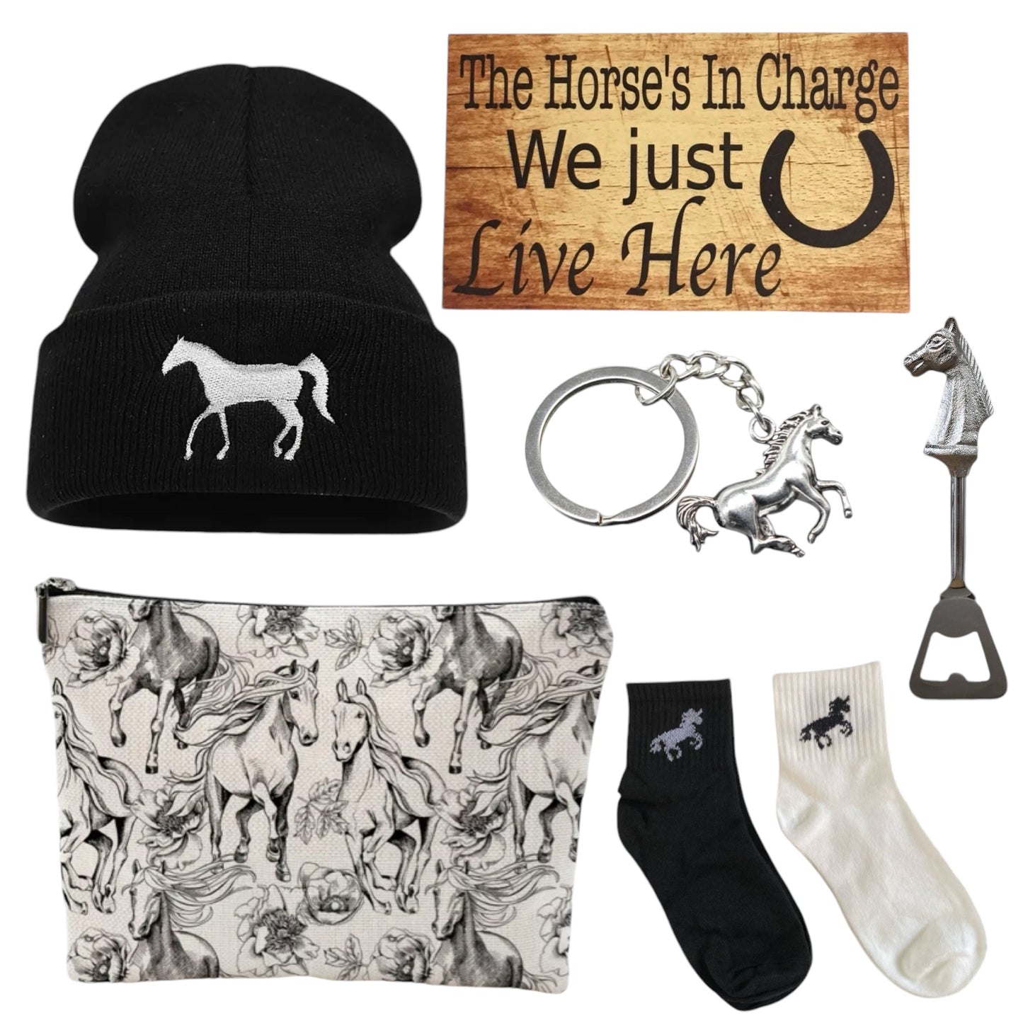 Horse Lover Bag Socks Cast Iron Bell Beanie Bottle Opener Sign Gift Set