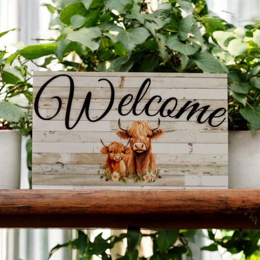 Welcome Highland Cow Farmhouse Sign