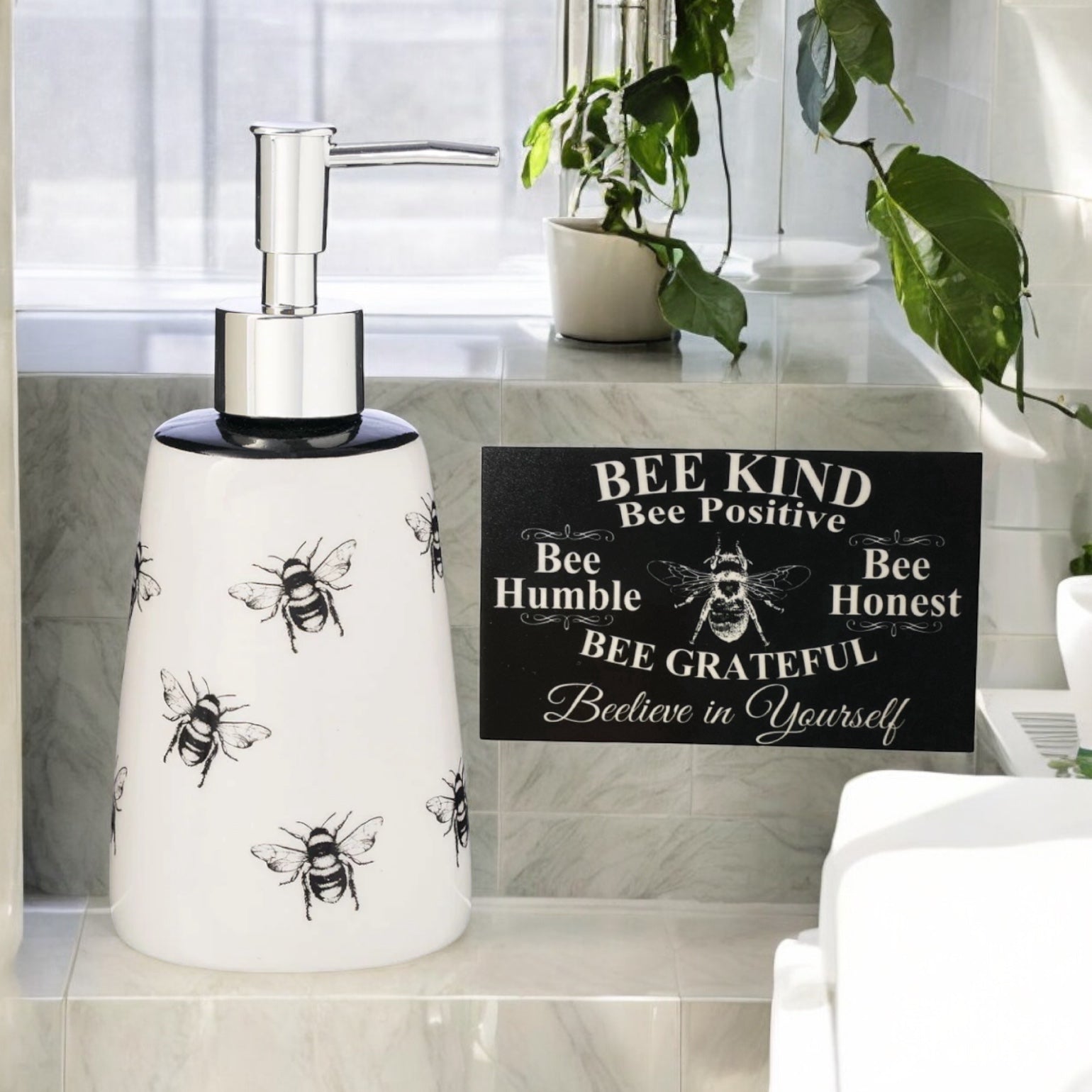 Bee Kitchen Bathroom Soap Dispenser and Sign Gift Set - The Renmy Store Homewares & Gifts 