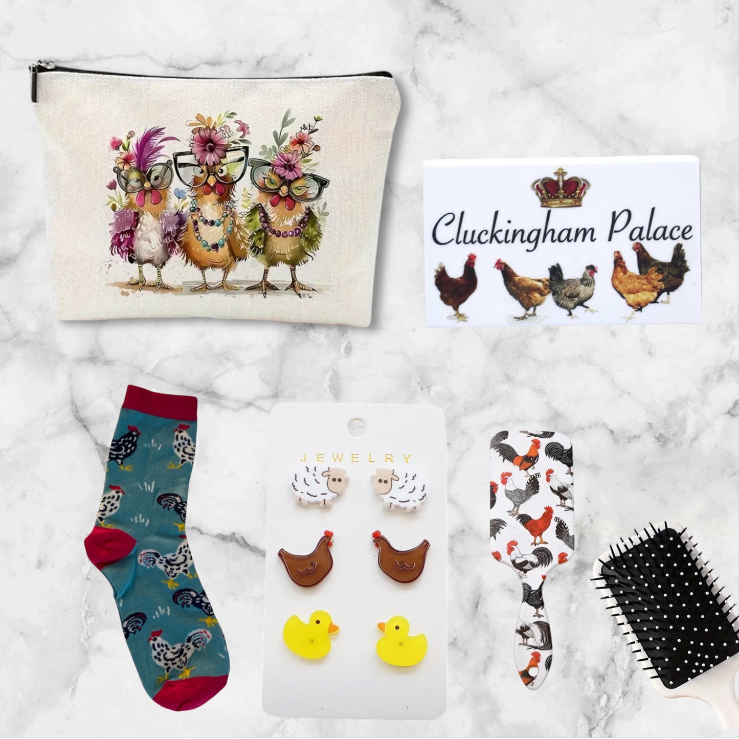 Chicken Bag Socks Earrings Brush Cluckingham Palace Sign Gift Set