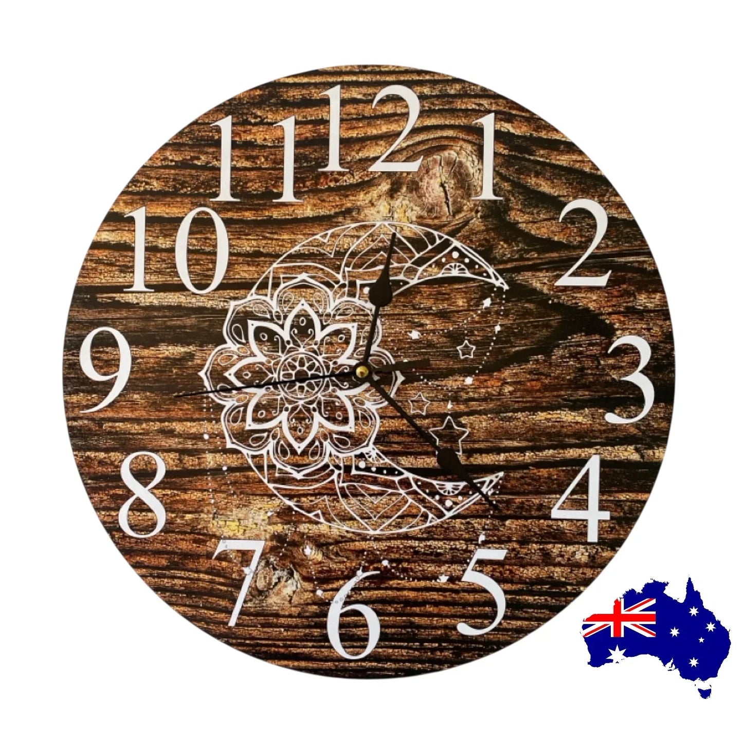 Clock Wall Moon Mandala Dark Timber 30cm or 60cm  Aussie Made