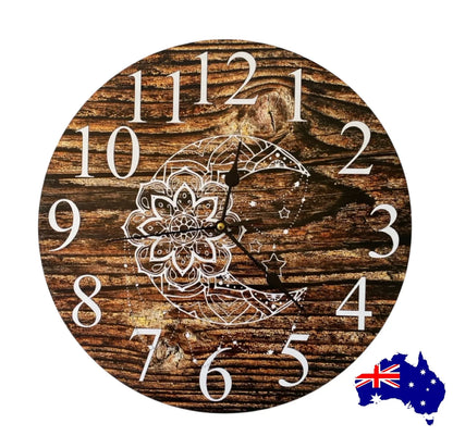 Clock Wall Moon Mandala Dark Timber 30cm or 60cm  Aussie Made