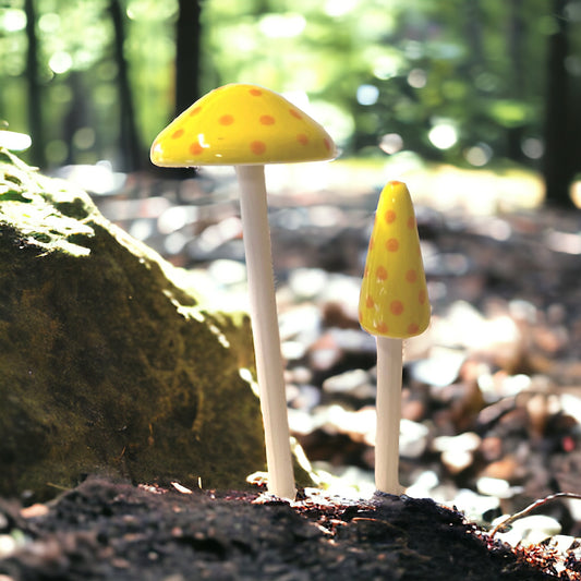 Mushroom Set of 2 Garden Stake Yellow
